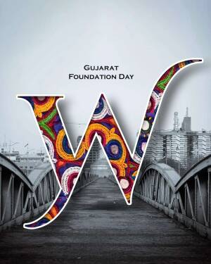 Decorative letter 'W' with Gujarati art on a background of a bridge and city skyline