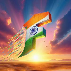 A 3D rendered letter 'I' designed with the colors of the Indian flag, with a sunset and celebratory ribbons.