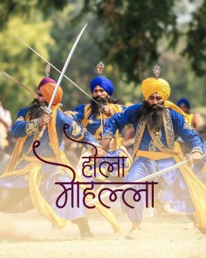 Three Sikh men performing Gatka, a traditional Punjabi martial art, with swords and turbans.