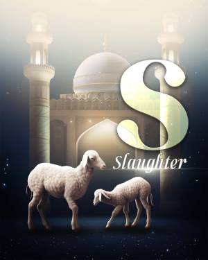 Image depicting a sacrificial lamb in front of a mosque with the letter 'S' and the word 'Slaughter'.