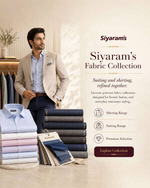 A man in a beige blazer next to a display of stacked premium fabrics and shirts from Siyaram's collection.