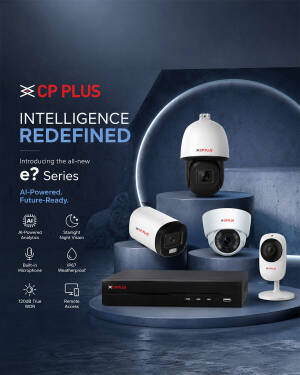 CP PLUS e? Series security cameras with AI analytics and smart features displayed on blue pedestals