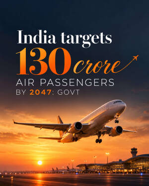 An airplane taking off into a sunset sky with text overlay about India's aviation goal of 130 crore passengers by 2047.