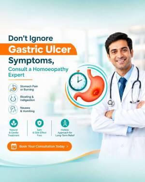 A doctor promoting homoeopathy treatment for gastric ulcer symptoms and patient consultation