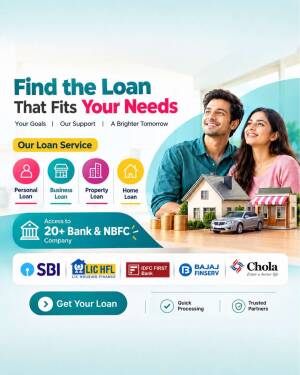 A happy couple standing behind a miniature house model with loan service branding and banking partner logos visible.