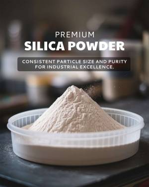 Pile of white silica powder in a plastic container, showcasing consistent particle size and purity.