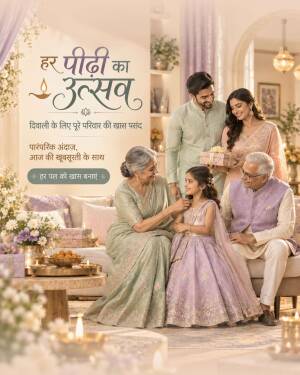 A multi-generational Indian family celebrating Diwali together in a beautifully decorated home.