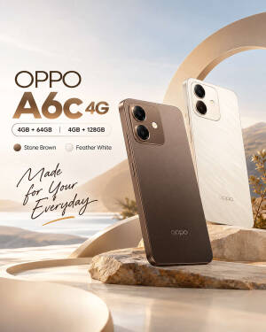 Oppo A6c 4G smartphone in Stone Brown and Feather White color variants displayed on a sandy rock backdrop