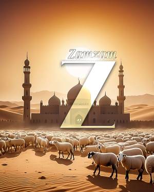 Image of a mosque with a large 'Z' logo, sheep, and a desert landscape.