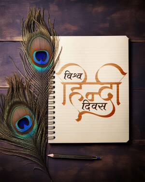Hindi Diwas greeting with peacock feather and notebook