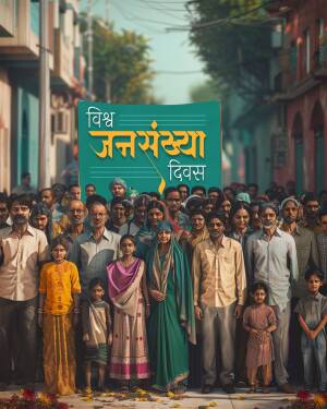 A large group of people holding a banner celebrating Janmashtami in a village setting.