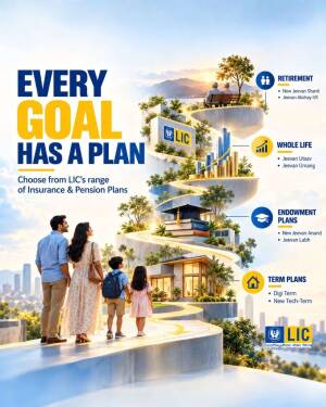 A family looking at a winding path representing different life insurance goals like retirement, whole life, endowment, and term plans offered by LIC.
