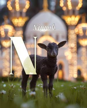A black lamb stands in a field with a large, illuminated cathedral in the background and a large letter 'N' in front of it.