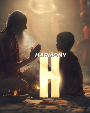 A spiritual guru blessing a young boy with smoke and fire in the background, with the letter 'H' superimposed.