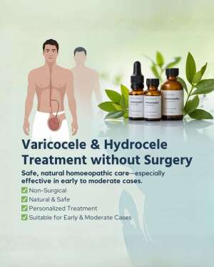 An infographic showing male anatomical diagrams and homeopathic medicine bottles for non-surgical varicocele and hydrocele treatment.