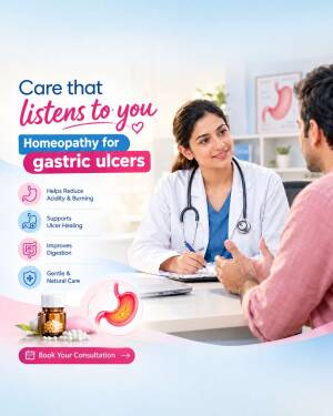 Female doctor consulting a patient about homeopathic treatment for gastric ulcers.