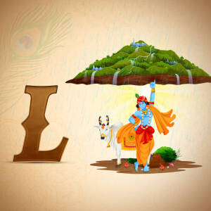 Illustration of Lord Krishna lifting Govardhan Hill to protect villagers from rain