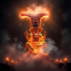 Digital art depicting Lord Ganesha integrated within the shape of the letter 'I', surrounded by candles and smoke.