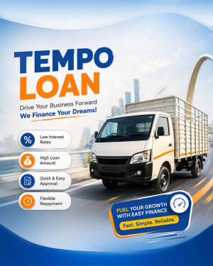 A white cargo truck driving on a bridge with text advertisement for business tempo loans