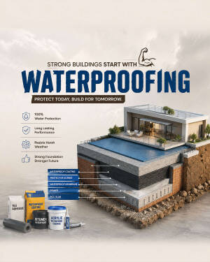 A cross-section illustration of a modern house showing layers of waterproofing, with product containers in the foreground.
