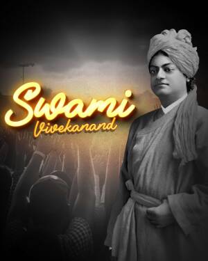 Portrait of Swami Vivekananda with a crowd in the background