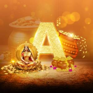 Goddess Lakshmi seated on a lotus with a golden letter A and pots of gold.