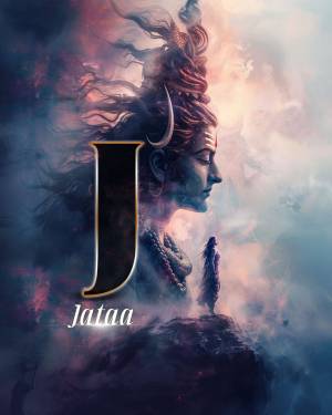 Digital art of Lord Shiva's profile with the letter 'J' superimposed