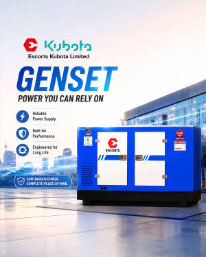 An Escorts Kubota branded blue industrial generator set placed on a paved industrial site.