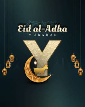 Eid al-Adha Mubarak with golden crescent moon, goat, and lanterns