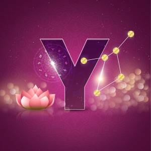 Letter Y with astrological elements and a pink lotus flower
