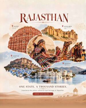 Collage of Rajasthan tourism destinations including Hawa Mahal, Jaisalmer fort, folk dancer, blue city Jodhpur, and Udaipur lake palace