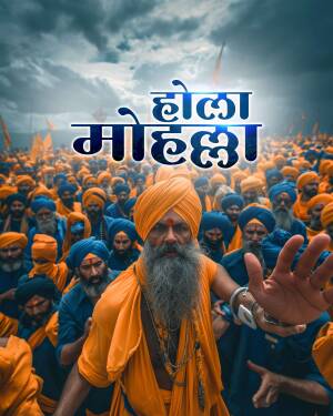 A portrait of a Sikh man with a long beard and orange turban, with a crowd of people in the background during the Hola Mohalla festival.