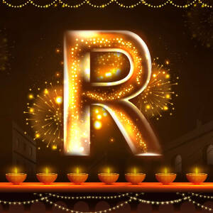 Golden letter R with Diwali lights and fireworks