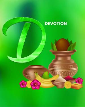 Image depicting a traditional Indian pooja thali with fruits, sweets, and a decorative 'D' for Devotion.