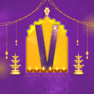 Illustration of a golden 'V' shape within a decorative arch, with lit oil lamps and the text 'Happy Dev Diwali'.