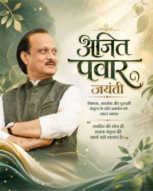 Indian politician Ajit Pawar smiling in a formal outfit on a celebratory poster