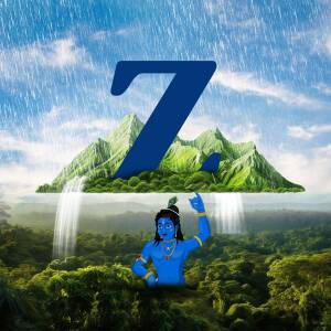 Digital art depicting Lord Krishna with a large number 7 and a lush landscape.