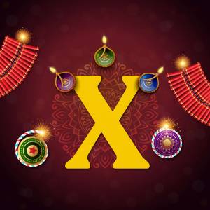 Letter X with Diwali decorations and firecrackers
