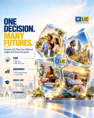 LIC insurance advertisement showing various life stages like education, career, and retirement