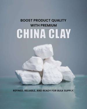 Pile of white china clay with text promoting its use for boosting product quality.