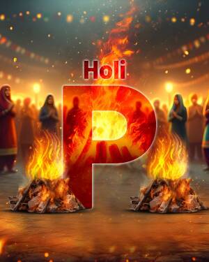 A vibrant image depicting the festival of Holi with a large fiery letter 'P' in the foreground and people celebrating in the background.