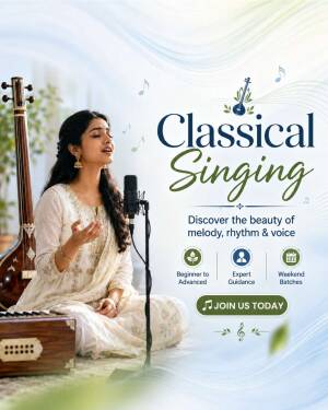 A young Indian woman singing into a microphone with a tanpura and harmonium nearby, promoting classical singing classes.