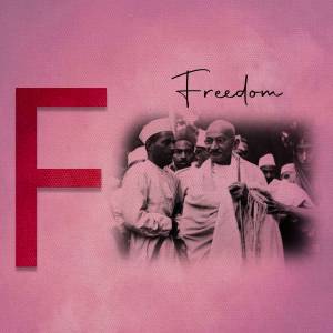 Image depicting the letter 'F' with a faded photograph of Mahatma Gandhi and followers.