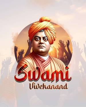 Portrait of Swami Vivekananda with hands reaching up in the background