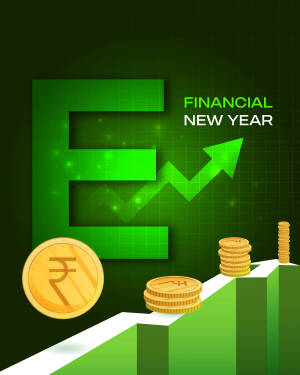 Financial New Year graphic with rising graph, coins, and the letter E