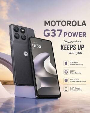 Motorola G37 Power smartphone showing camera and display features against a sunset background