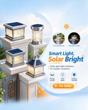 Various models of modern solar-powered gate lights glowing on stone pillars