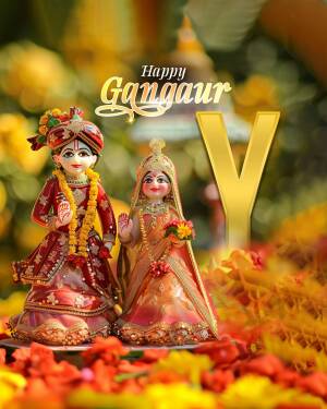 Two traditional Indian dolls celebrating Gangaur festival with a large 'Y' letter.