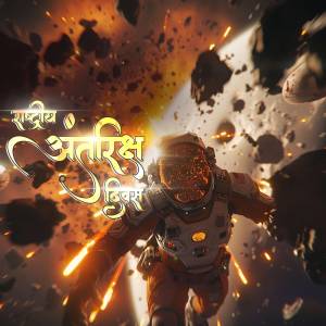 Astronaut floating amidst asteroids with text 'Antariksh Divas'