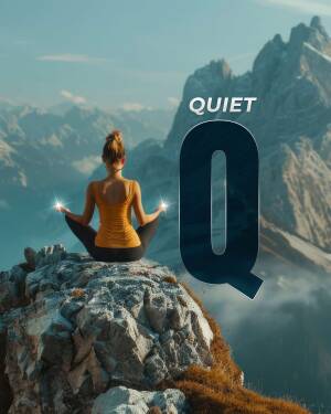 Woman meditating on a mountaintop with a large 'Q' in the background